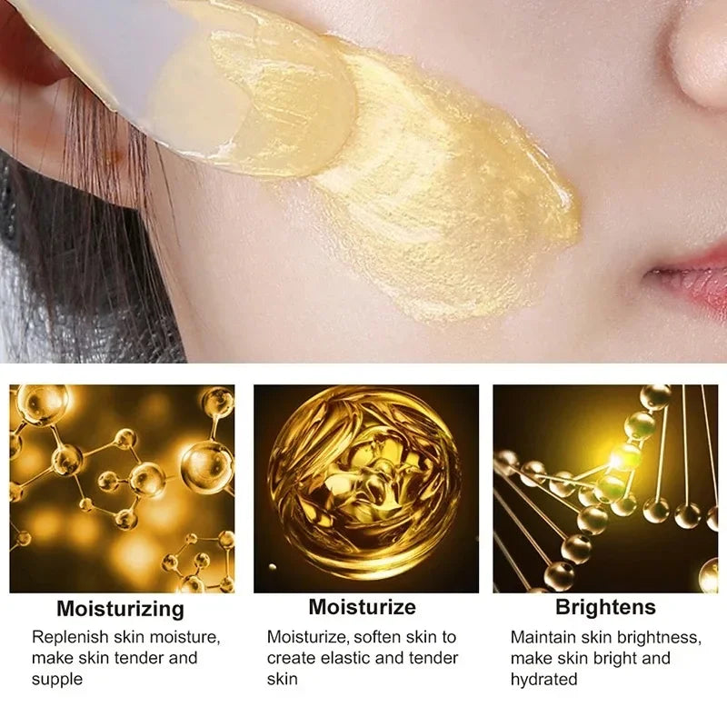 Gold facial cream applied on cheek with icons highlighting moisturizing, softening, and brightening skincare benefits