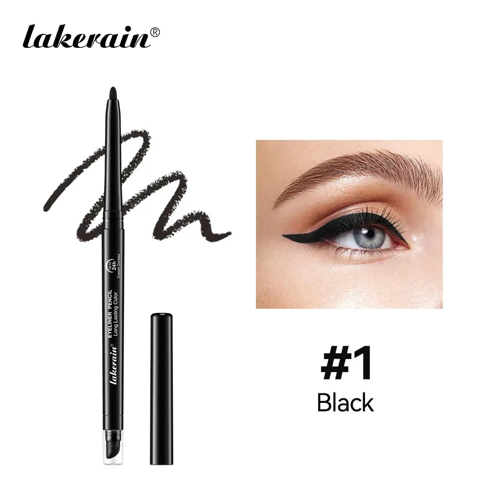 Lakerain black eyeliner pencil with cap off, swatch line, and close-up of eye makeup winged eyeliner
