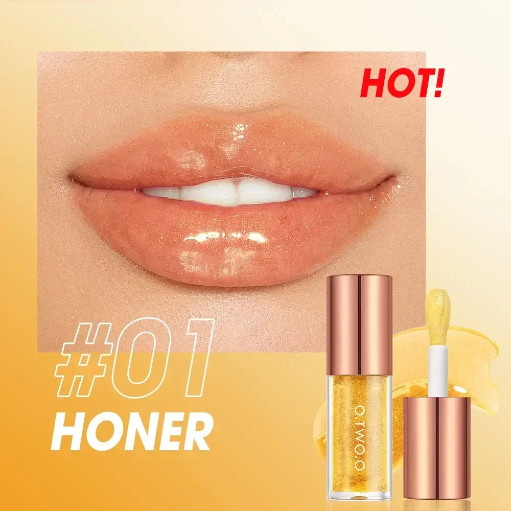 Glossy lips wearing golden nude shade lip gloss #01 Honer with rose gold applicator on yellow background