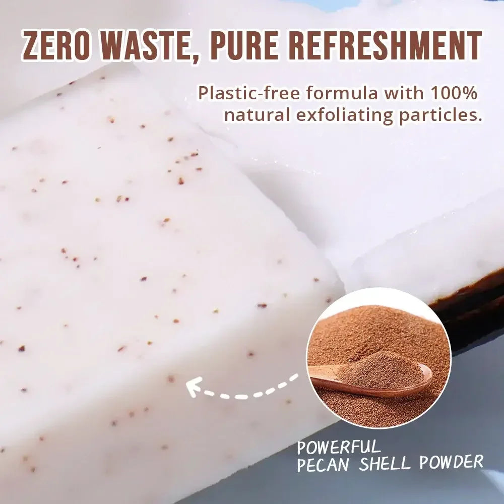 Close-up of natural exfoliating soap bar with pecan shell powder, zero waste and plastic-free formula