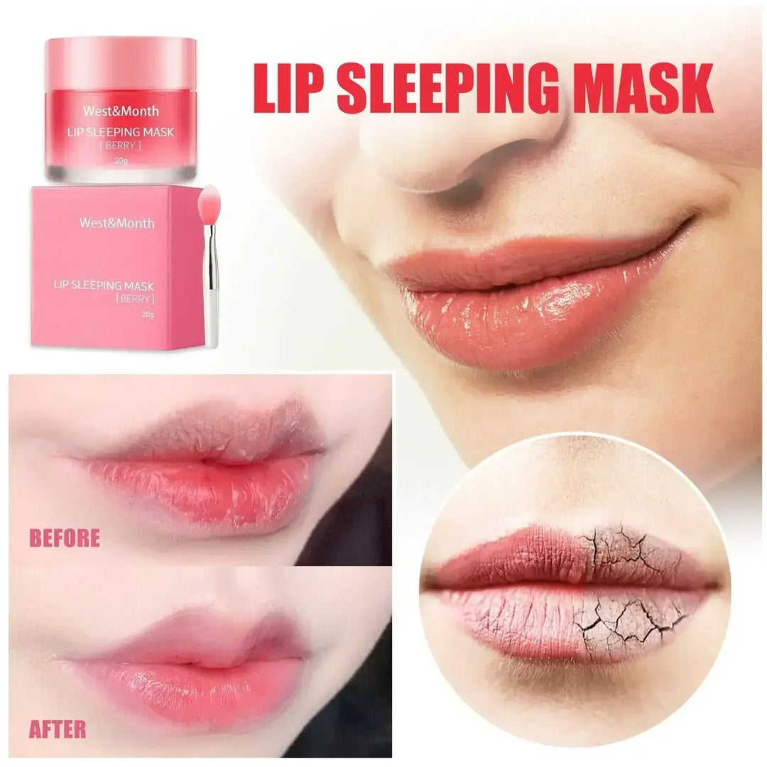 West&Month berry lip sleeping mask with before and after lip care images showing hydrated smooth lips