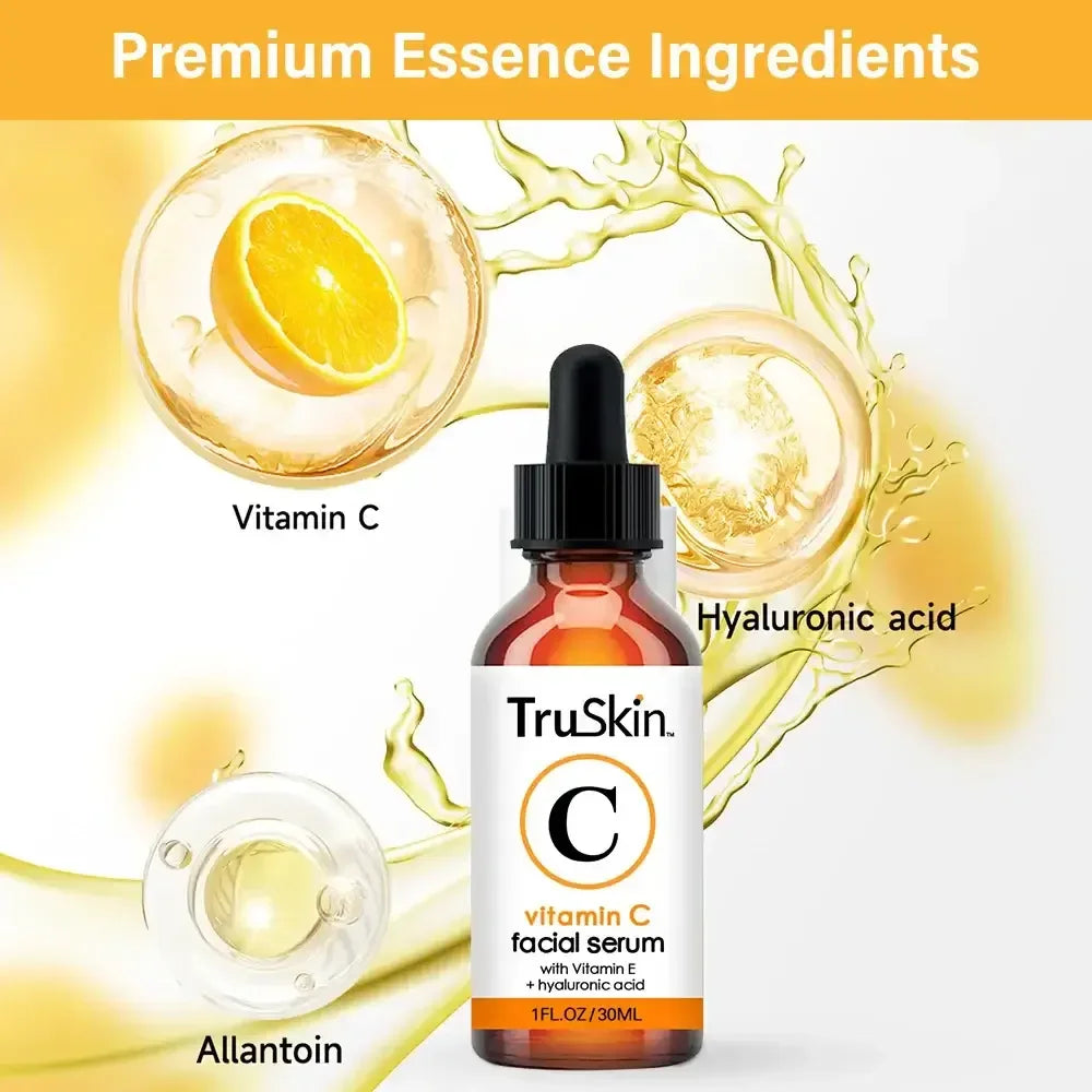 TruSkin Vitamin C facial serum bottle with premium ingredients vitamin C, hyaluronic acid, and allantoin