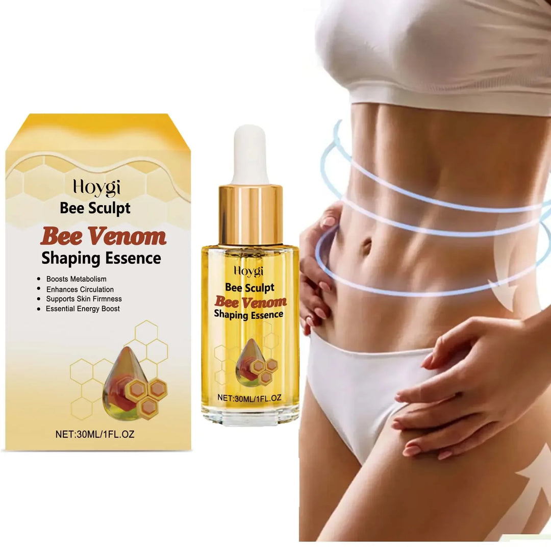 Hoygi Bee Sculpt Bee Venom Shaping Essence bottle and packaging with fit woman's toned abdomen