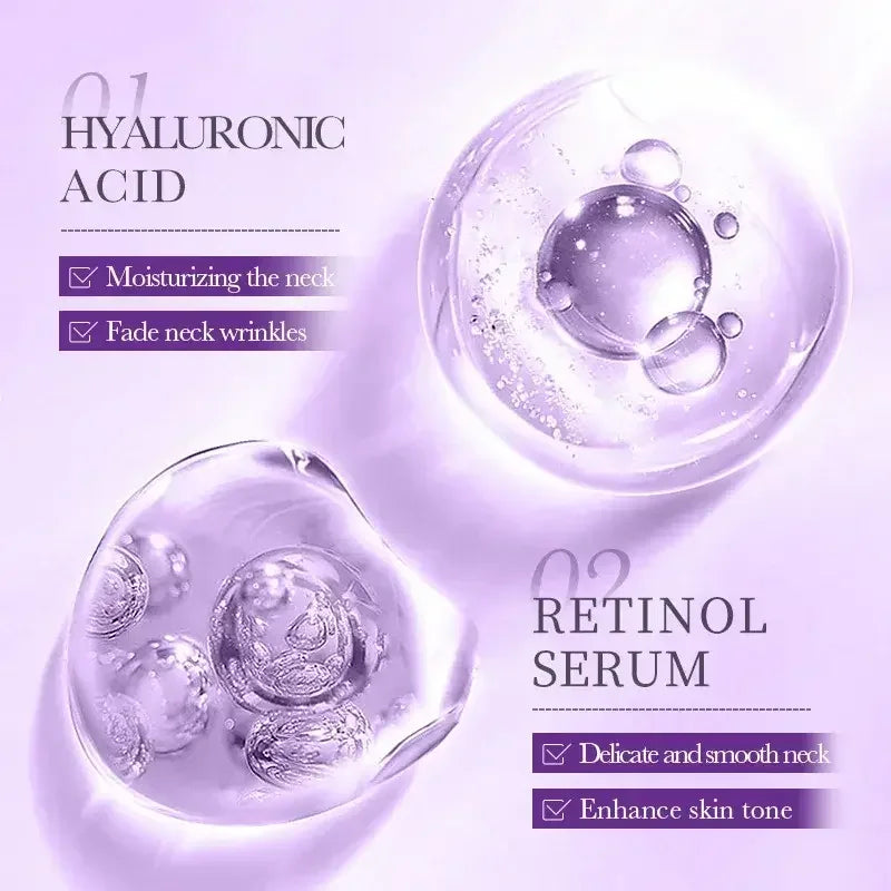 Hyaluronic acid and retinol serum benefits for neck moisturizing, wrinkle reduction, smoothing, and skin tone enhancement