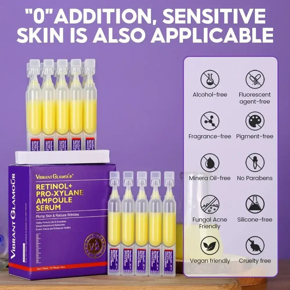 Vibrant Glamour Retinol+ Pro-Xylane Ampoule Serum box with 15 small yellow liquid ampoules for sensitive skin