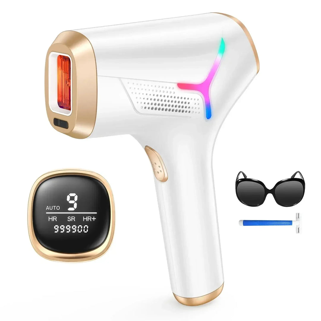 White IPL hair removal device with digital display, cat-eye protective glasses, and blue razor
