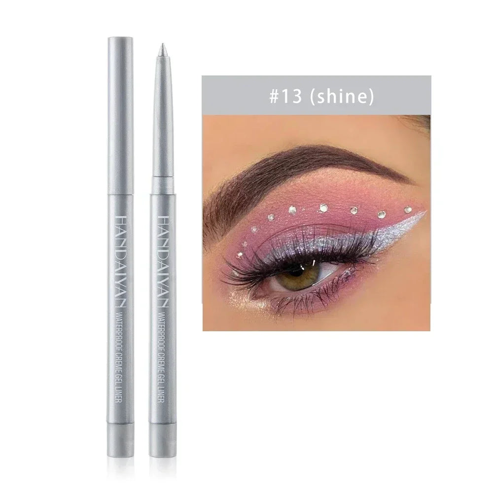 Handaiyan waterproof creme gel eyeliner in silver with eye makeup featuring silver glitter eyeliner and rhinestones