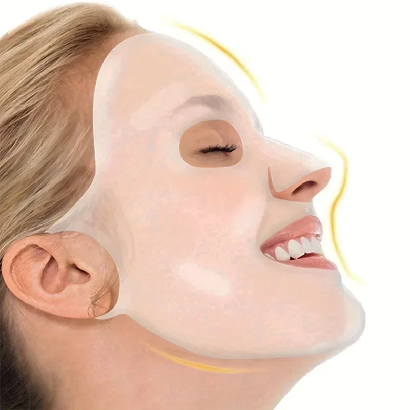 Woman smiling with a white hydrating face mask applied on her skin in a skincare routine