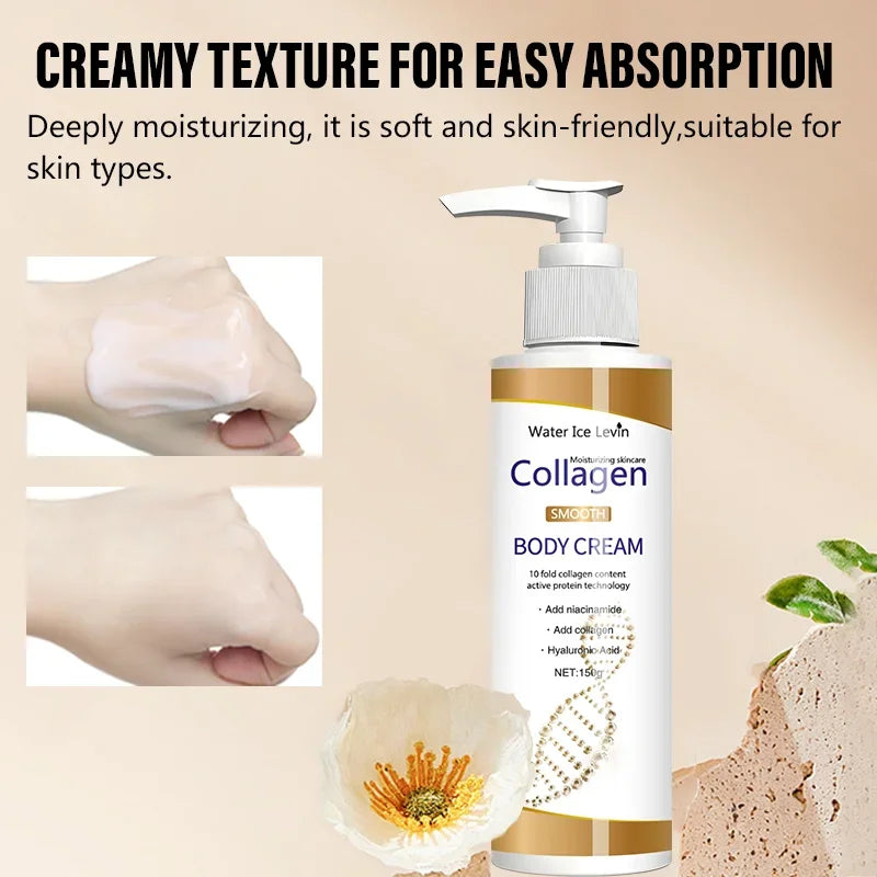 Collagen body cream bottle with creamy texture applied on hand, moisturizing skincare for all skin types