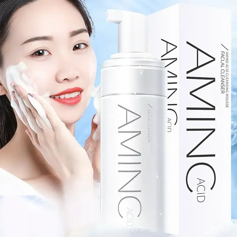 Woman applying foaming amino acid facial cleanser mousse for gentle skincare