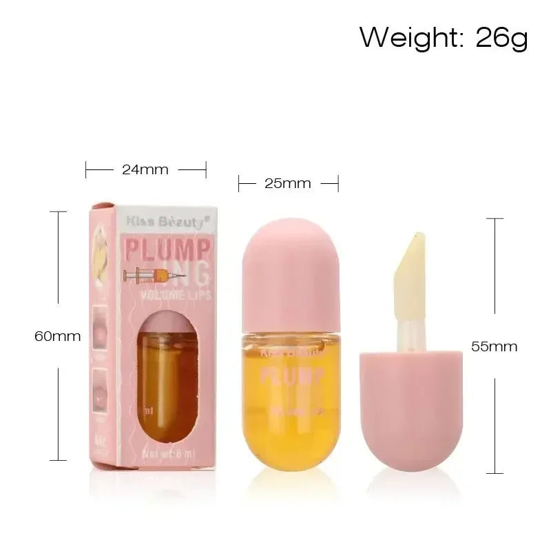 Kiss Beauty Plump Big Volume Lips lip gloss in pink packaging with measurements and 8ml volume