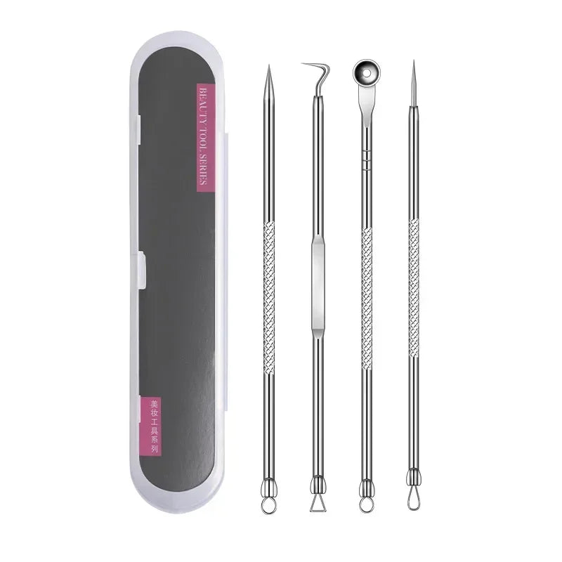 Set of four stainless steel blackhead removal tools with textured handles and a black storage case