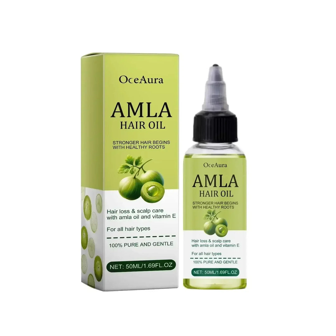 OceAura Amla Hair Oil bottle and box with green amla fruit image, for hair loss and scalp care