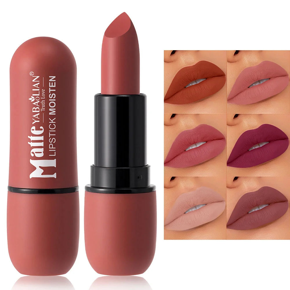 Matte Yabaolian moisturizing lipstick with six nude and pink shades on lips close-up
