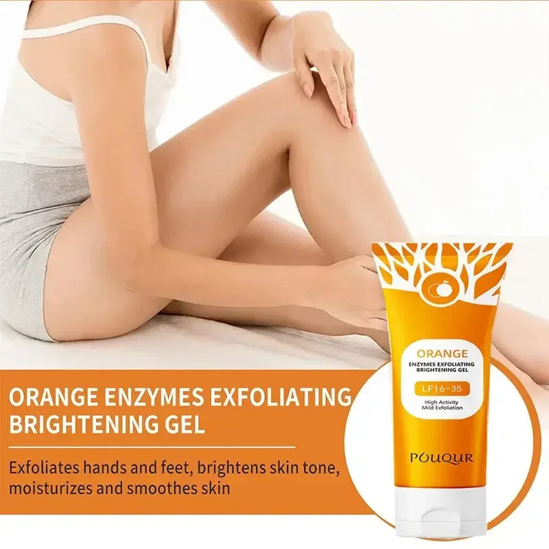 Woman applying orange enzymes exfoliating brightening gel on smooth legs and feet