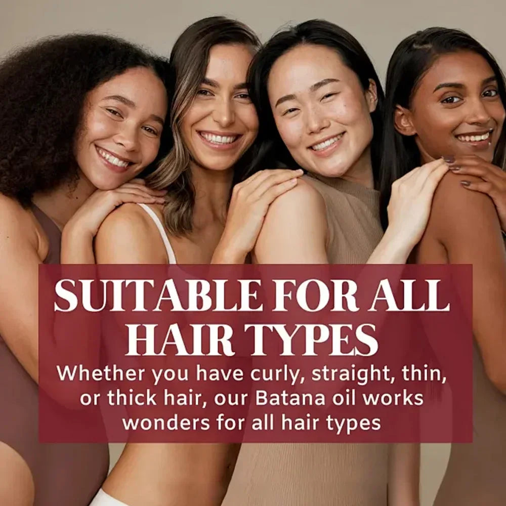 Four diverse women with different hair types smiling, promoting Batana oil suitable for all hair types