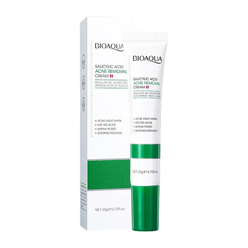 Bioaqua salicylic acid acne removal cream tube and box with green accents for acne treatment