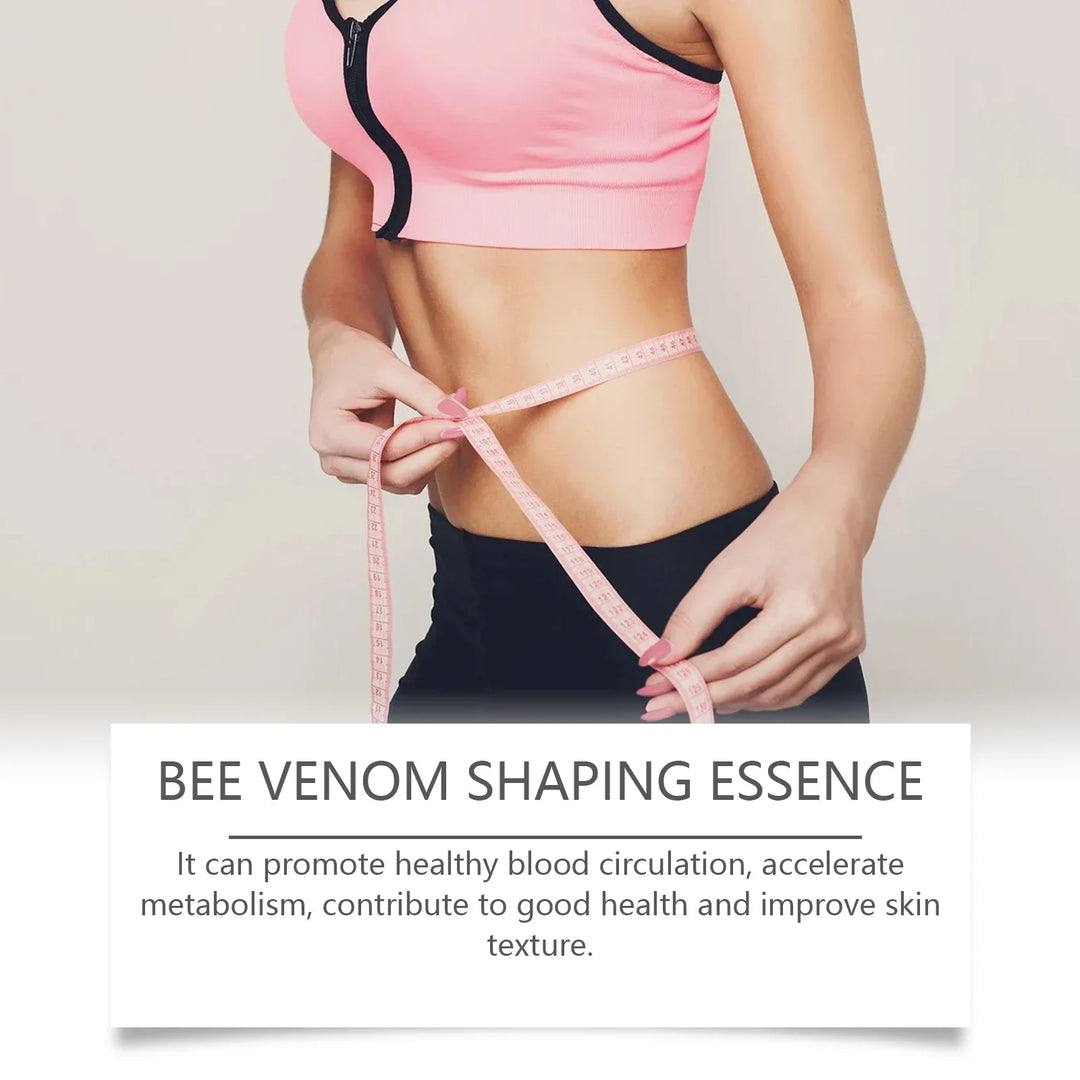 Woman measuring waist with tape, promoting Bee Venom Shaping Essence for metabolism and skin health