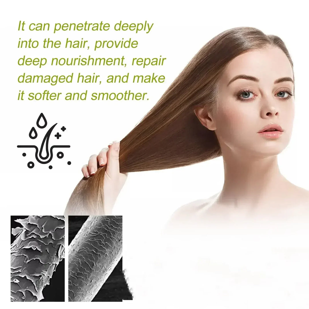Woman with long smooth hair holding hair strand, hair repair and nourishment concept with close-up hair cuticle images