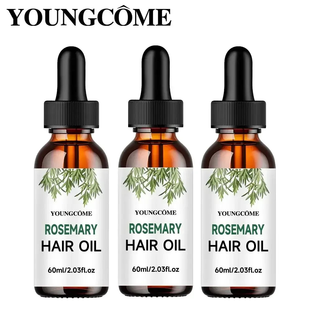 Three amber bottles of Youngcome Rosemary Hair Oil with black dropper caps and rosemary leaf design