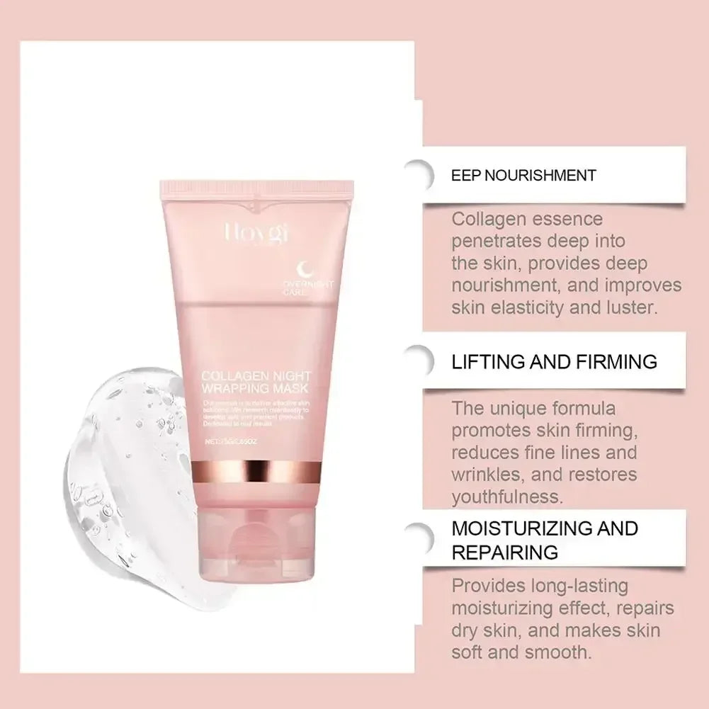 Pink collagen night wrapping mask tube with gel texture, benefits include deep nourishment, firming, and moisturizing