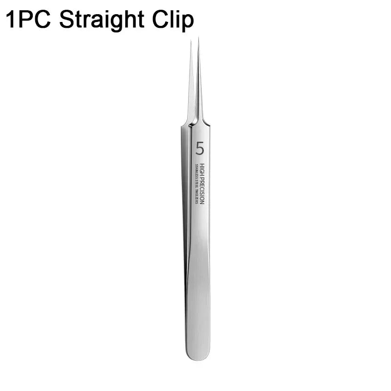 High precision stainless steel straight tip tweezers labeled number 5 on white background