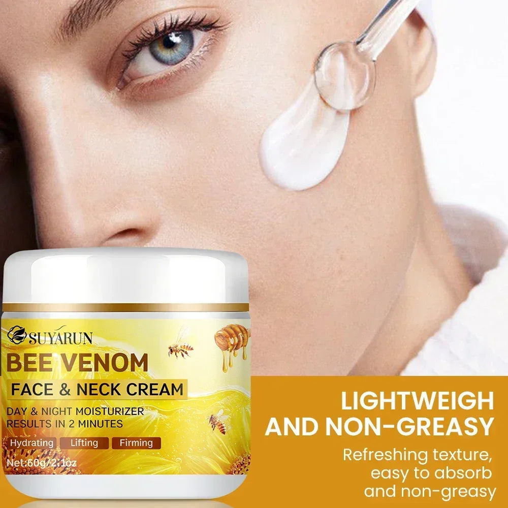 Close-up of a woman's face with Suyarun Bee Venom Face & Neck Cream applied by dropper, lightweight moisturizer