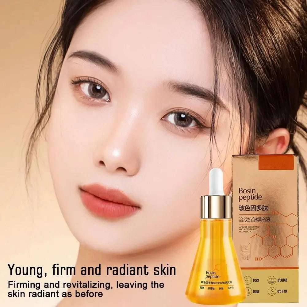 Young woman with clear skin next to Bosin peptide firming and revitalizing serum bottle and box
