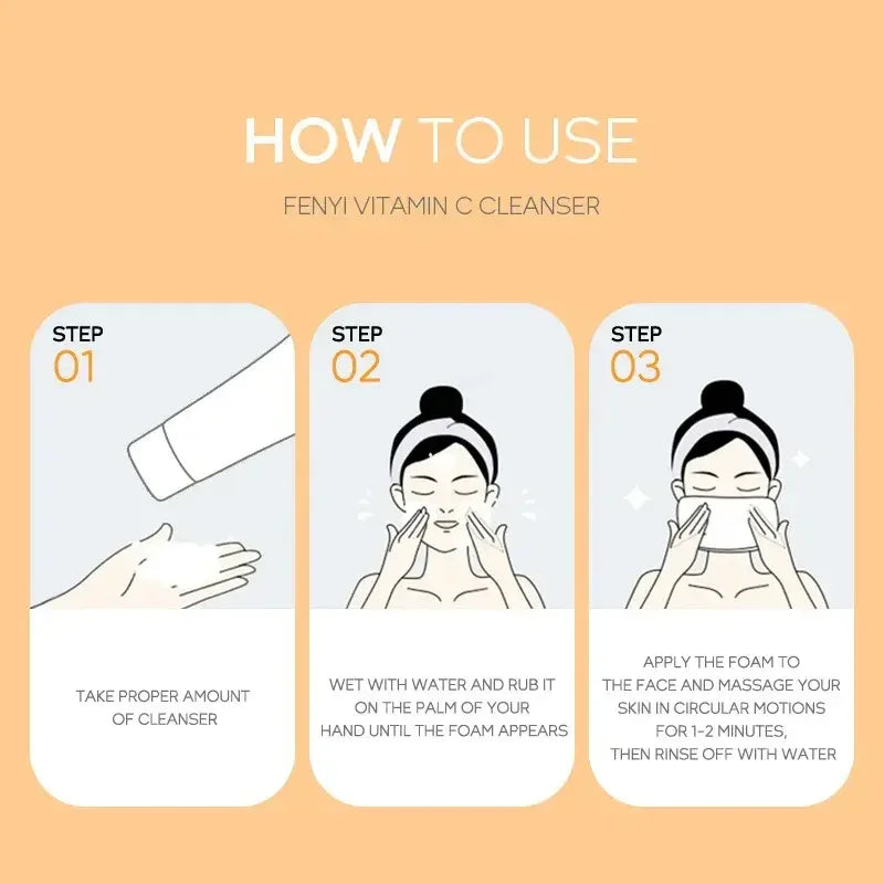 How to use Fenyi Vitamin C Cleanser with illustrated steps for applying and massaging facial foam