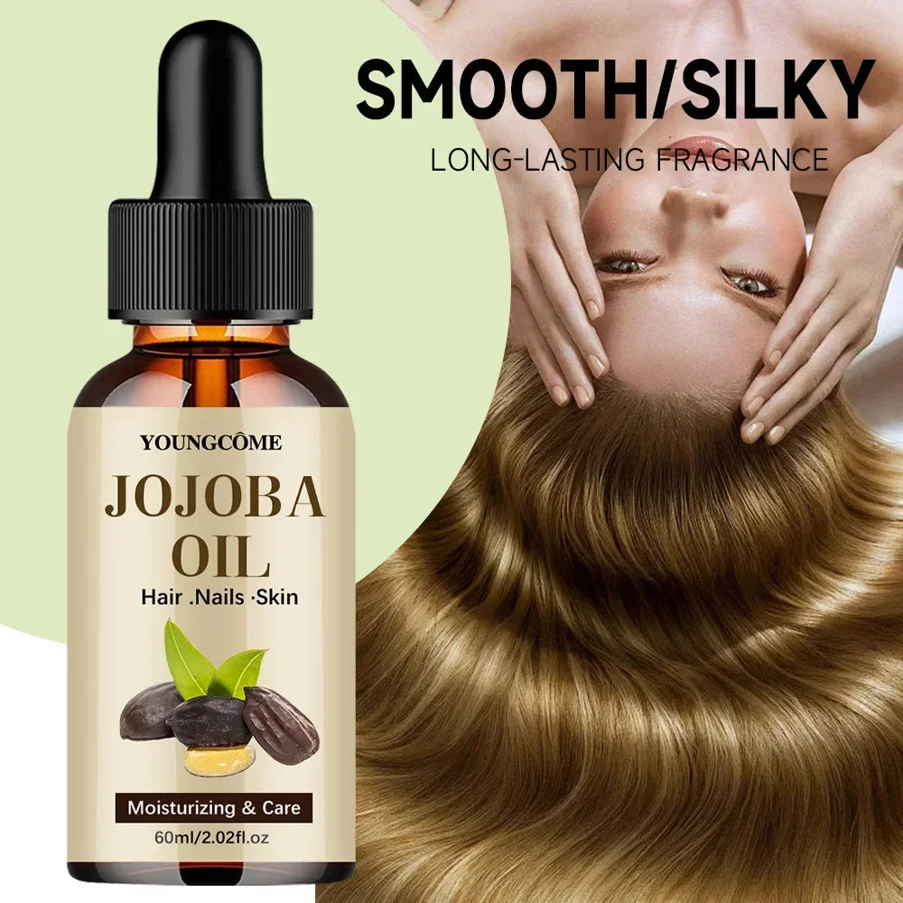 YoungCome jojoba oil bottle for hair, nails, skin moisturizing with smooth silky hair backdrop