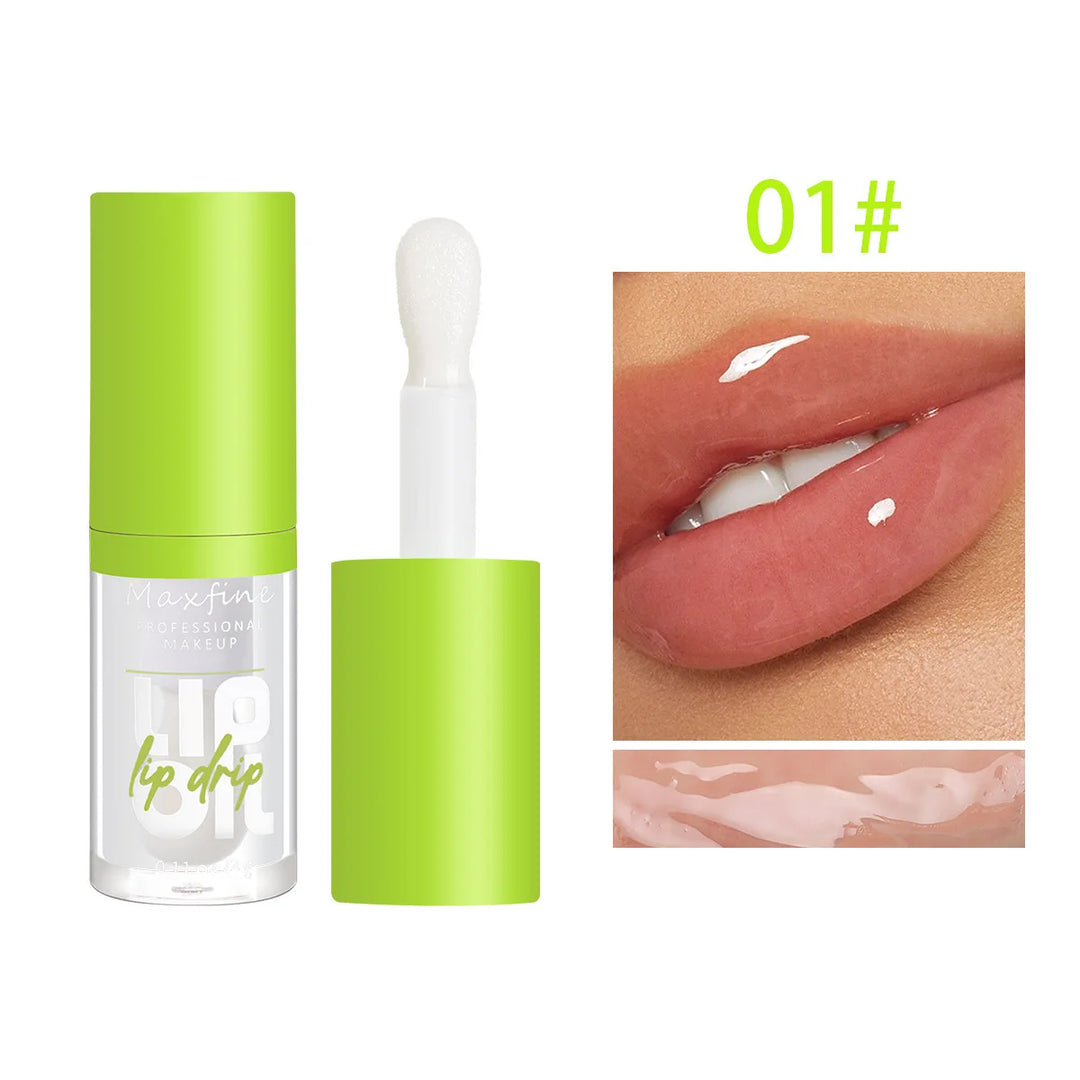 Maxfine lip drip gloss with green cap and applicator, applied on glossy natural lips, shade 01