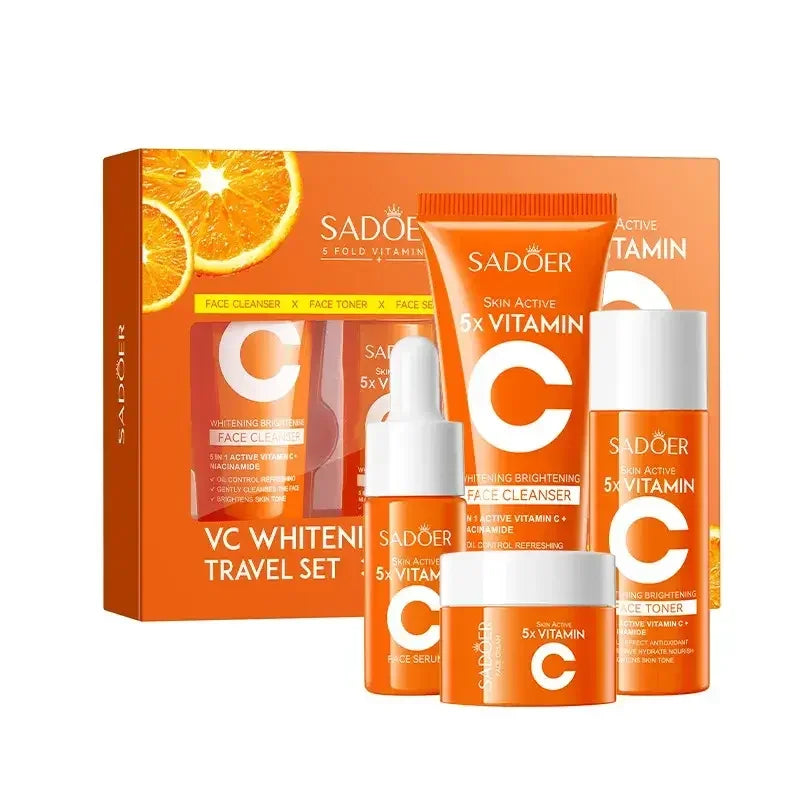 Sadoer VC Whitening Travel Set with face cleanser, toner, serum, and cream in orange vitamin C packaging
