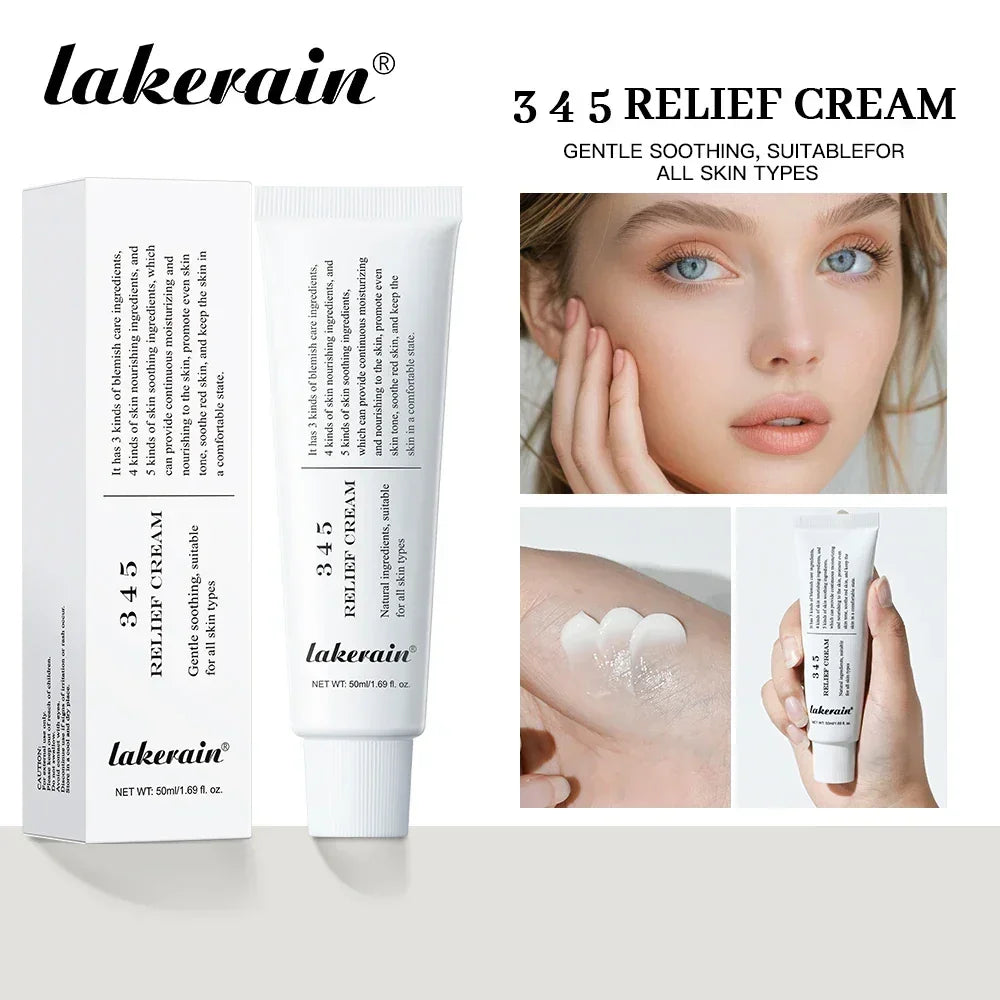 Lakerain 345 Relief Cream skincare product with box, applied cream on hand, and model with clear skin