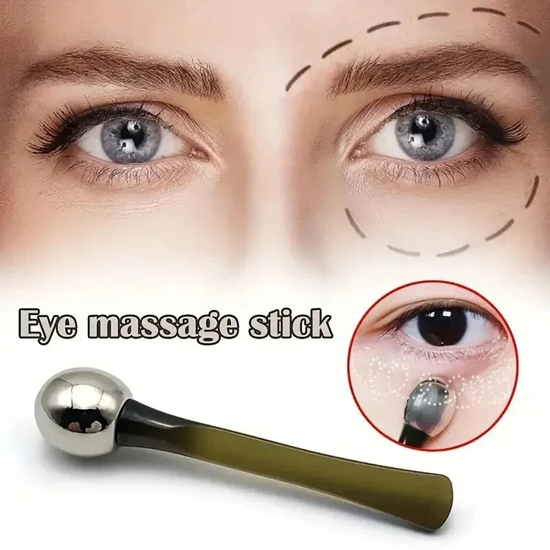 Eye massage stick tool with close-up of blue eyes and dotted lines around eyes for skincare