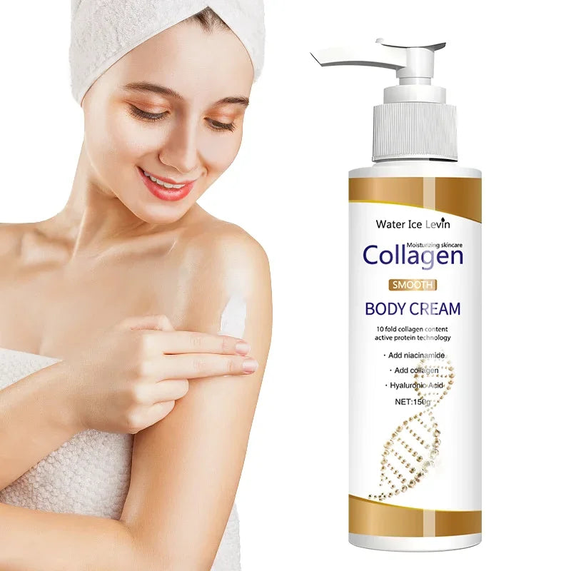 Woman applying Water Ice Levin Collagen Body Cream on shoulder with towel wrap