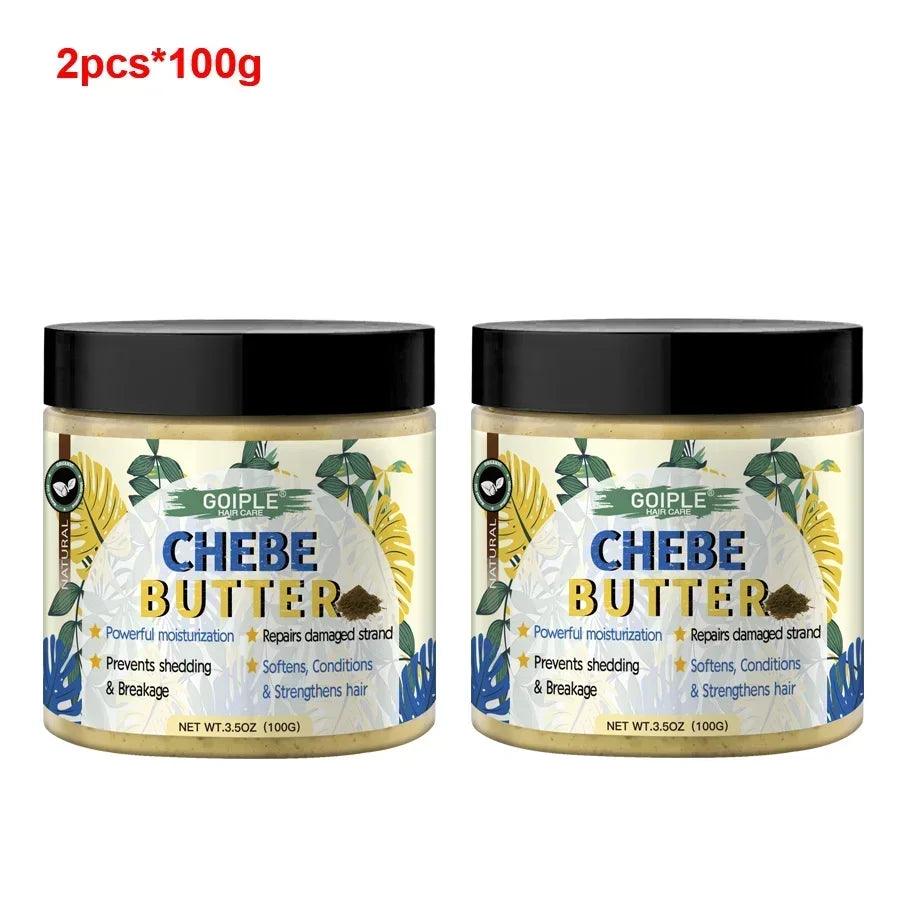 Two 100g jars of Goiple Chebe Butter hair treatment with black lids and leaf design labels