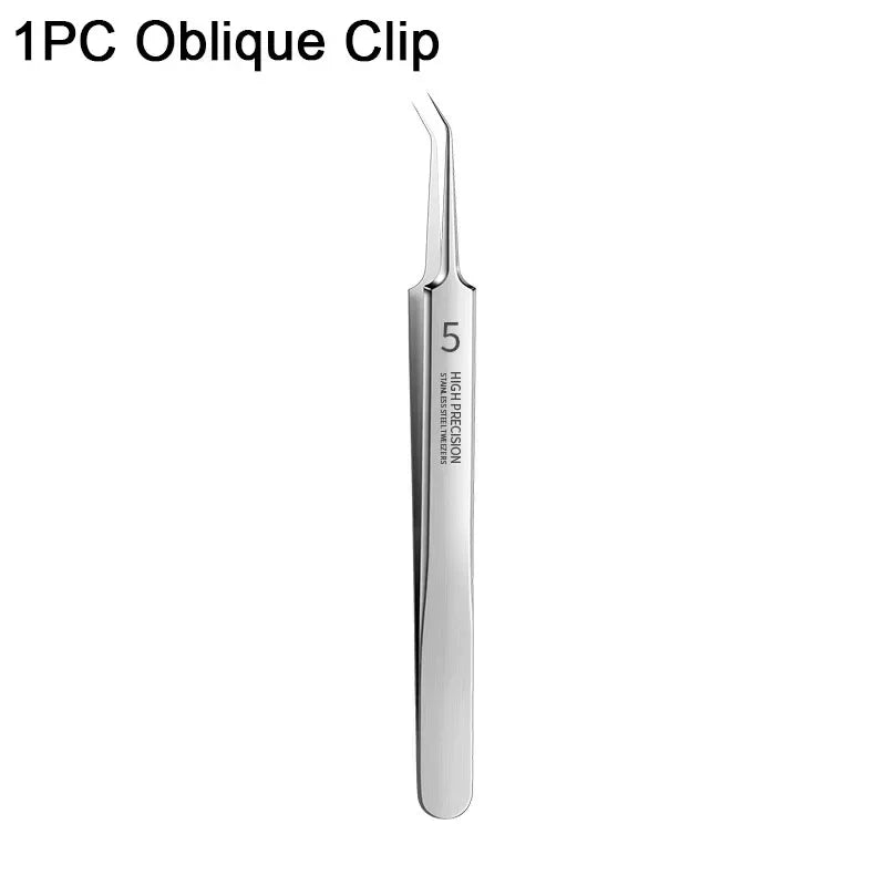 High precision stainless steel oblique clip tweezers, angled tip, labeled number 5