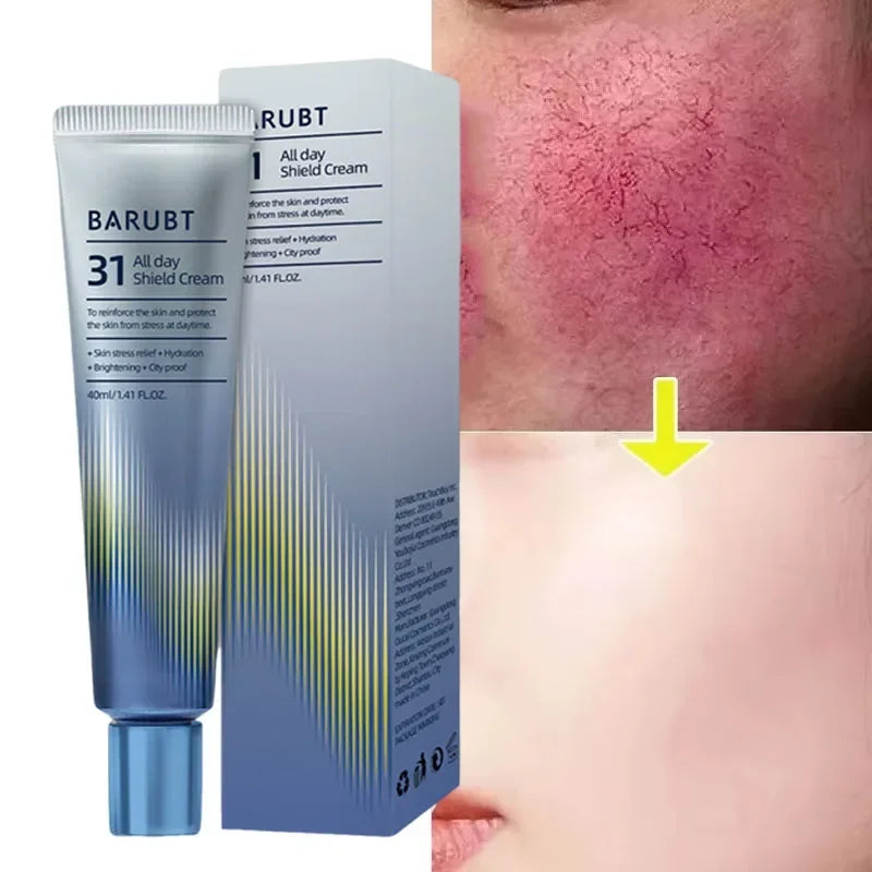 BARUBT 31 All day Shield Cream tube and box with before and after face redness and dryness treatment