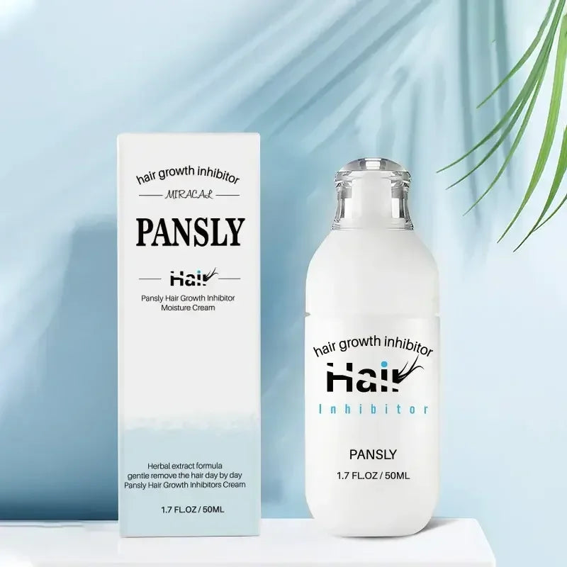 Pansly hair growth inhibitor moisture cream bottle and box on white surface with blue background