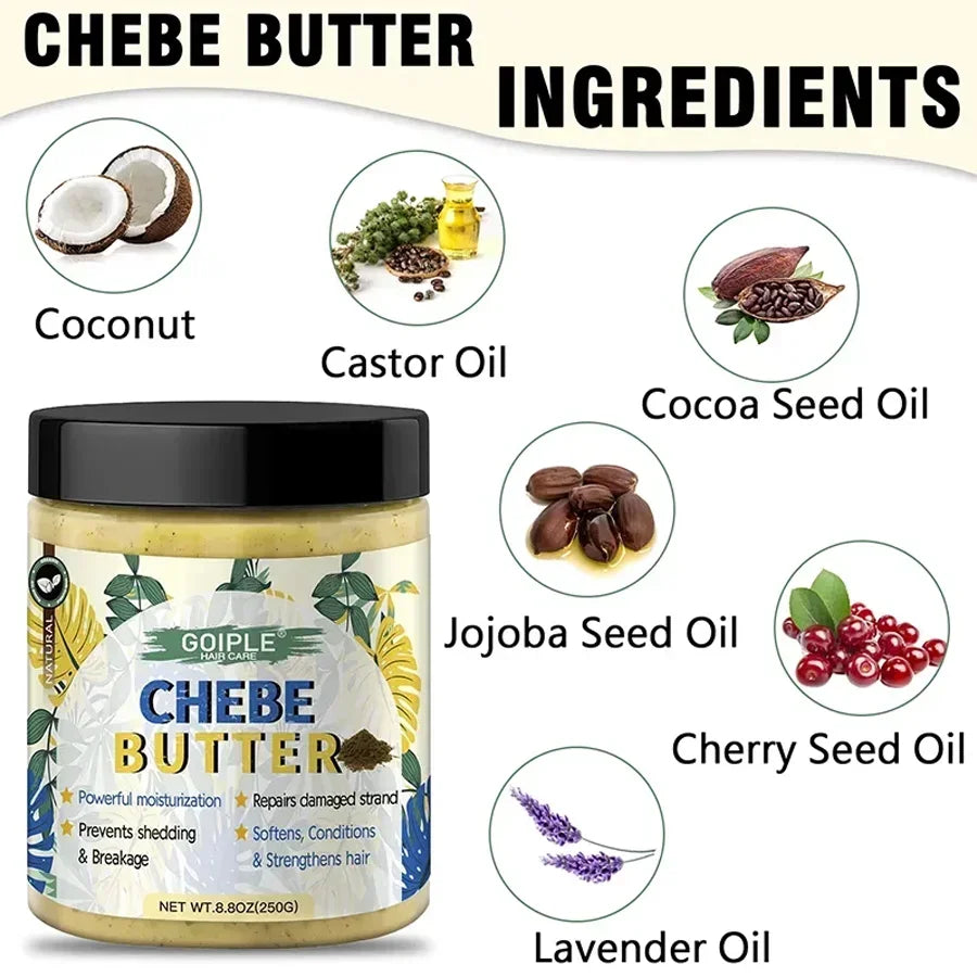 Goiple Chebe Butter jar with natural hair care ingredients: coconut, castor oil, cocoa seed oil, jojoba seed oil, cherry seed oil, lavender oil
