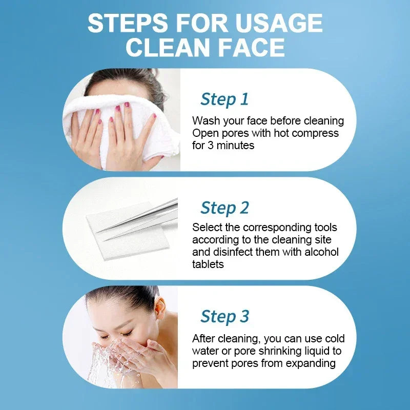 Three skincare steps for facial cleansing: hot compress towel, sterilizing tools with alcohol, rinsing face with cold water