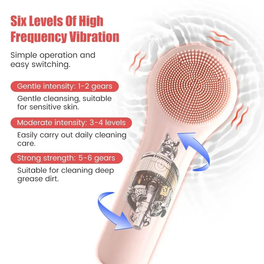 Pink facial cleansing brush with six vibration levels for gentle, moderate, and strong cleaning