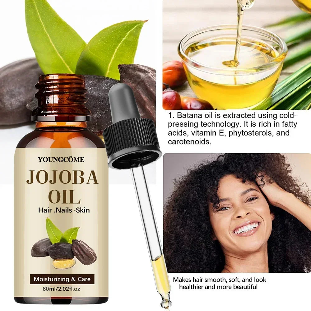 Youngcome jojoba oil bottle with dropper, jojoba seeds, leaves, and benefits for hair, nails, skin