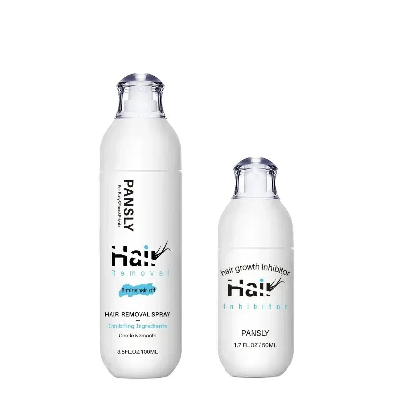 Two white Pansly hair removal spray and hair growth inhibitor bottles with clear caps on white background