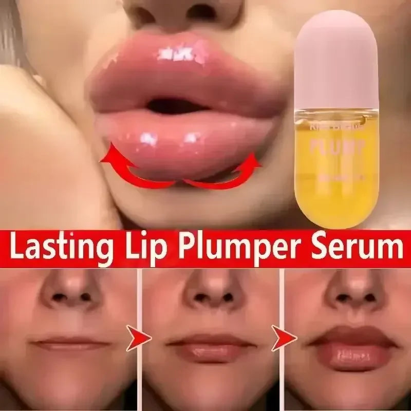 Close-up of plump glossy lips with red arrows, bottle of lasting lip plumper serum, before and after lip enhancement results