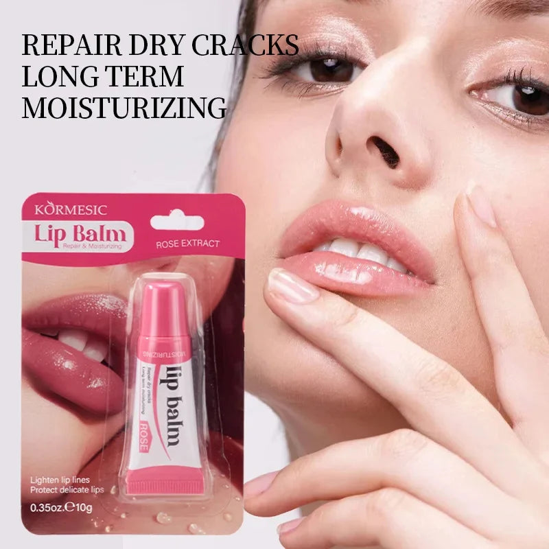 Kormesic Rose Extract lip balm repairing dry cracks with long-term moisturizing, shown with woman applying balm