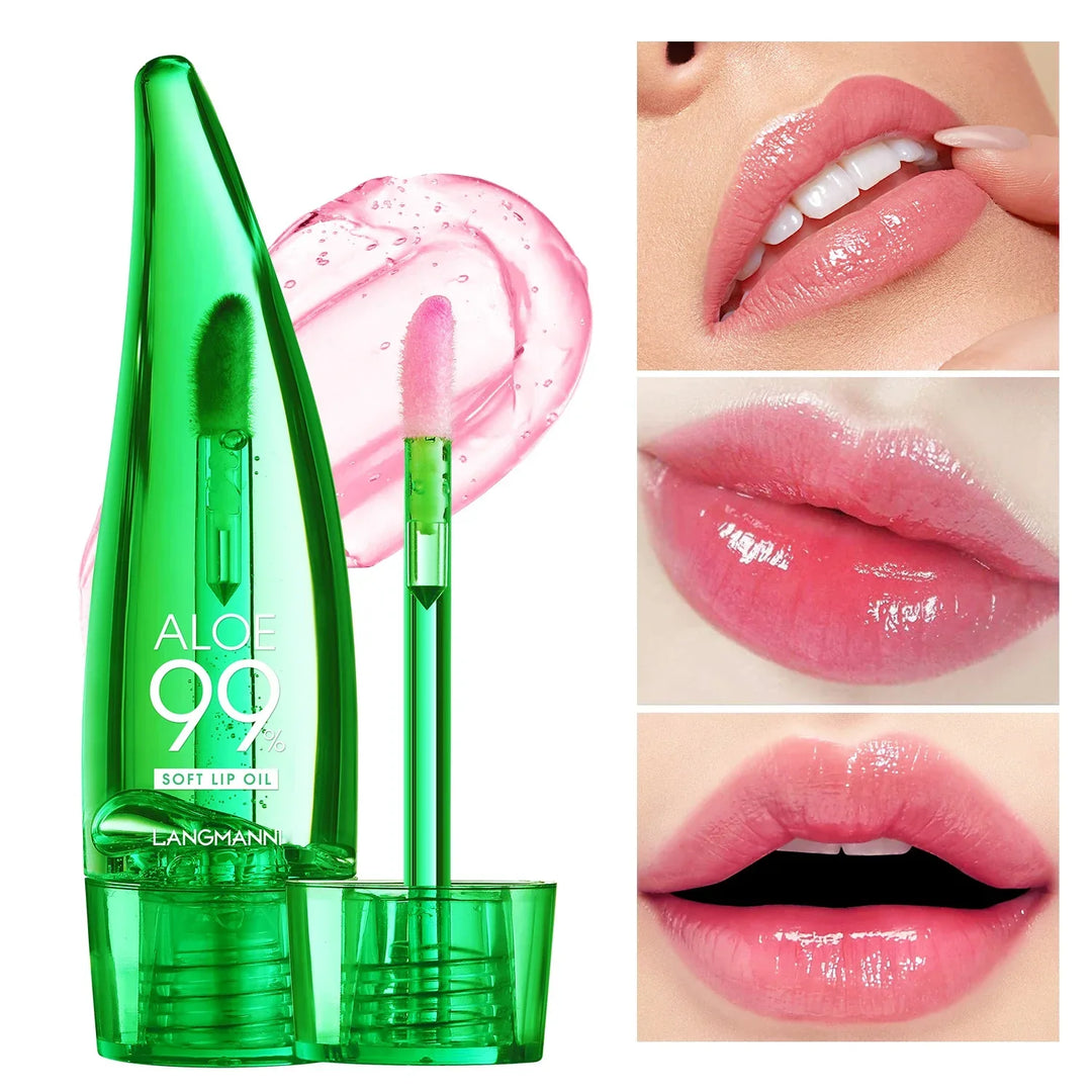 Green aloe 99% soft lip oil with applicator and glossy pink lips before and after application