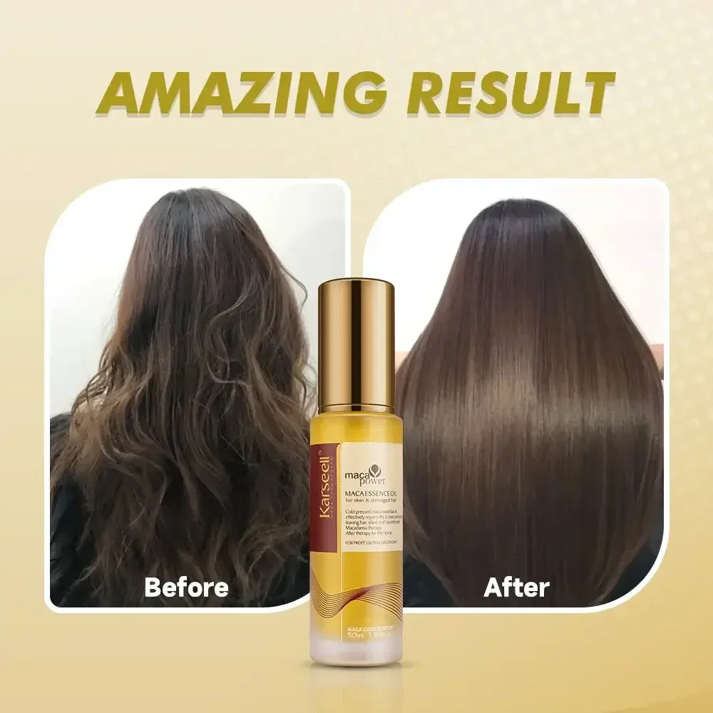 Before and after hair transformation using Karseell Maca Essence Oil with smoother, shinier hair results