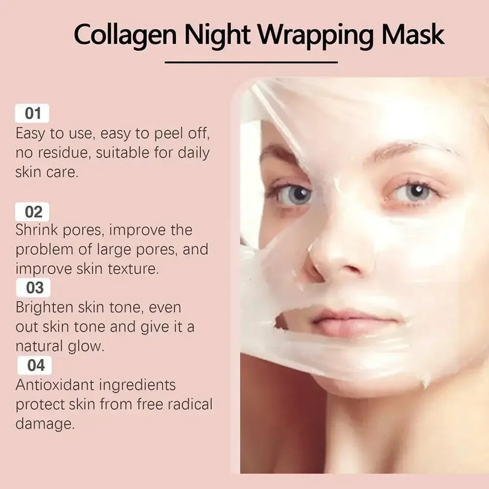 Woman peeling off collagen night wrapping mask for skincare, skin texture, and pore improvement