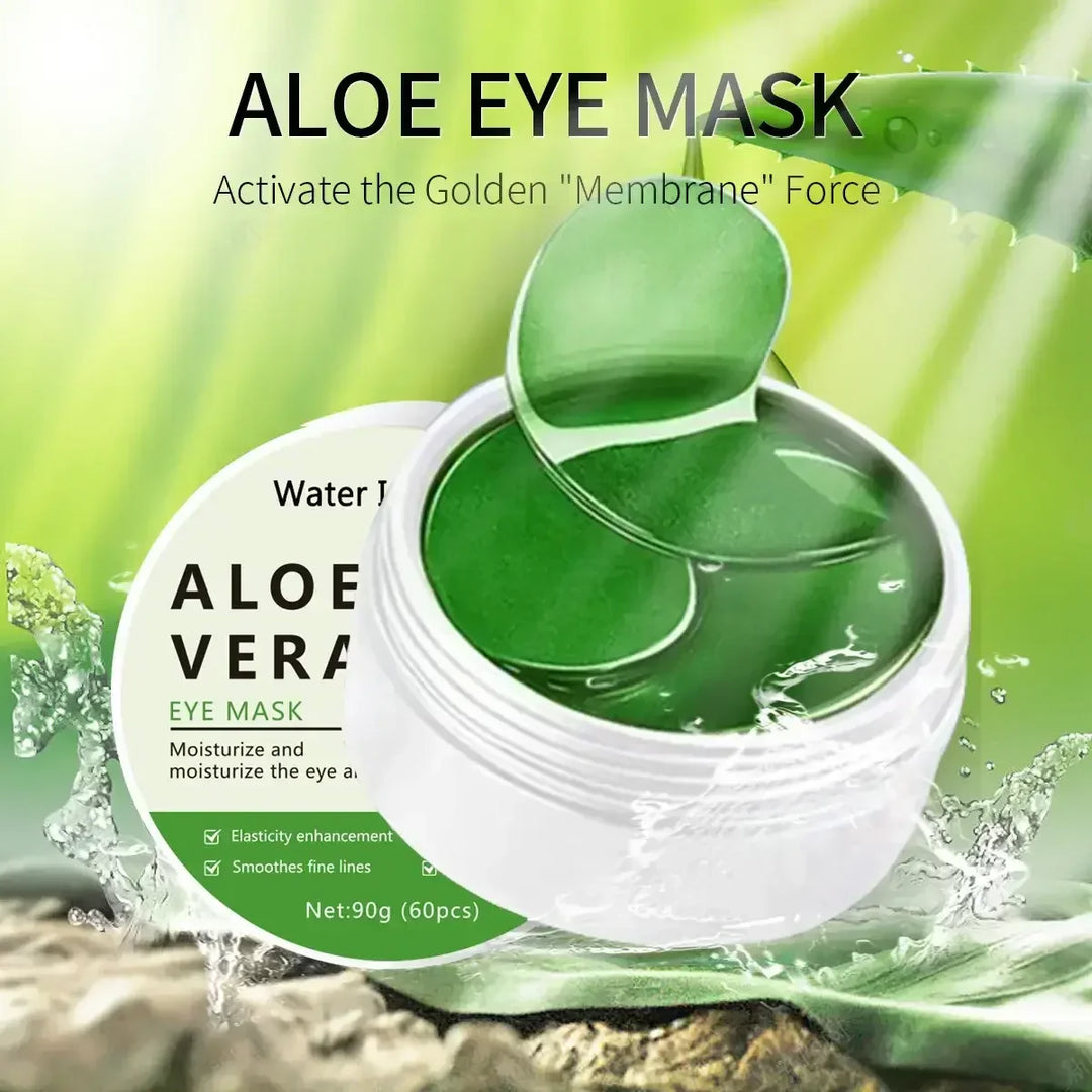 Aloe Vera eye mask jar with green hydrogel patches and water splash on natural green background